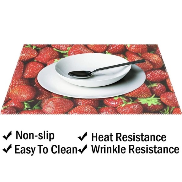 NEW Strawberry Fabric Placemats Rectangle Reversible Set of 4 Picnic Patio Set - Picture 4 of 4